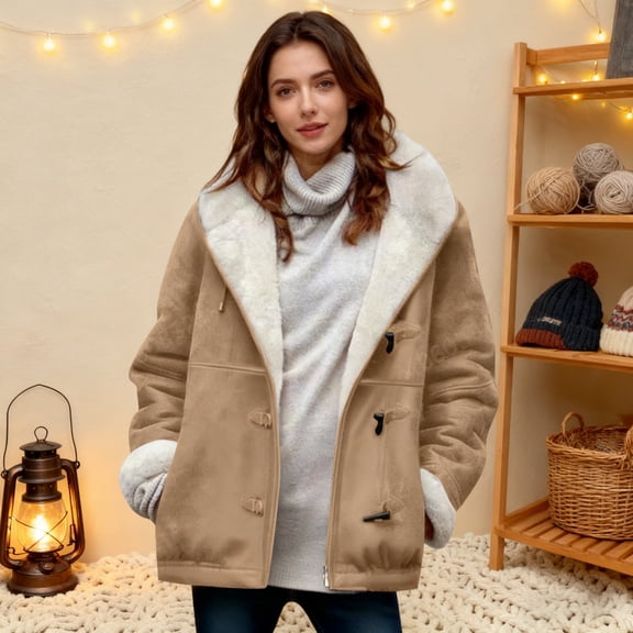 ZunFeo Women's 2XL Khaki Sherpa Lined Toggle Coat - Nylon-Spandex Warm Winter Outerwear with Side Pockets Relaxed Fit