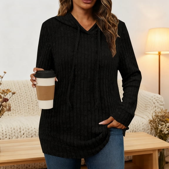 Zunfeo Women's Black XL Hooded Tunic - Ultra-Soft Stretchy Polyester-Spandex, Ribbed Knit with Front Pockets & Drawstring Hood, Curved Hem for Everyday Casual Wear