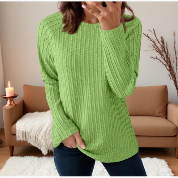 Zunfeo Women's Cable Knit Sweater 100% Polyester - Long Sleeve Crew Neck, Raglan Sleeves Curved Hem, Soft Durable, Green (Size L) for Casual/Spring/Fall