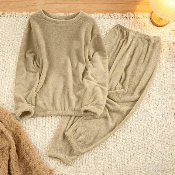 Zunfeo Women's Cozy 100% Polyester Loungewear Pajama Set - Long Sleeve, Warm for Fall/Winter, Size L, Khaki