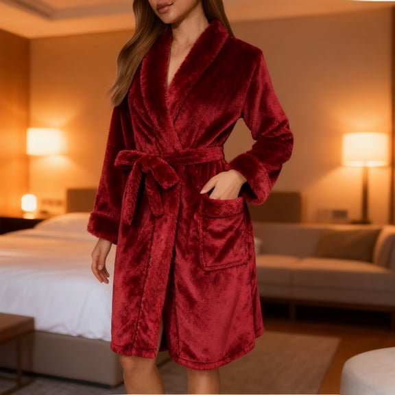 Zunfeo Women's Cozy Soft Bathrobe - Warm Plush Quick-Drying Mid-Length Robes for Shawl Collar, Belted with Pockets Wine M