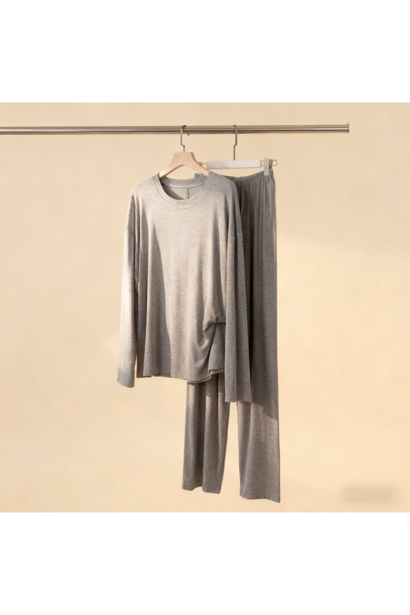 Women’s Dark Gray M Size Loungewear Set - Soft Modal Cotton Polyester, Breathable Ultra-Soft, Round Neck Long Sleeve Elastic Waist, for Home Sleeping & WFH