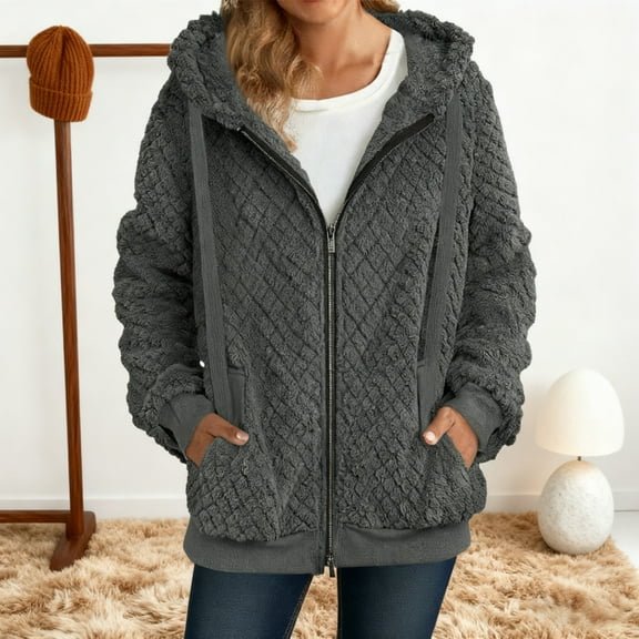 ZunFeo Women's Warm Plush Jacket Hooded Zip-up Soft Loose Fall Winter Lightweight Coat with Pockets, Dark Gray S