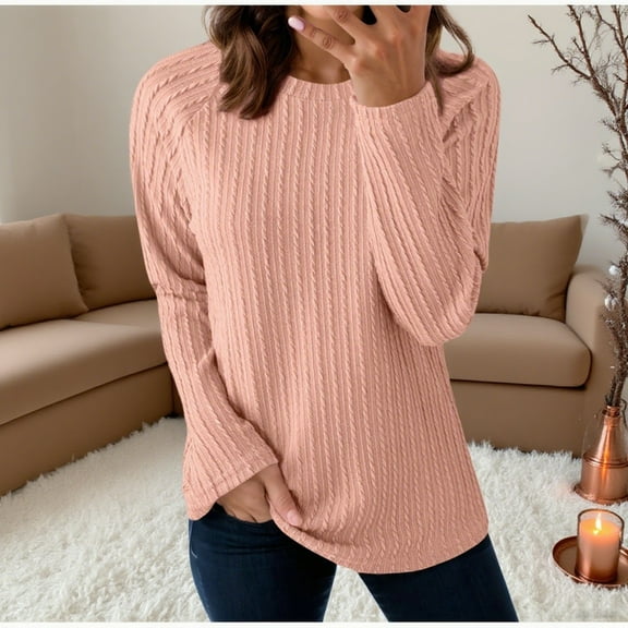 Zunfeo Women's Hot Pink Cable Knit Sweater Size L - Relaxed Fit Long Sleeve 100% Polyester Raglan Sleeves Curved Hem for Fall/Spring Casual/Semi-Casual