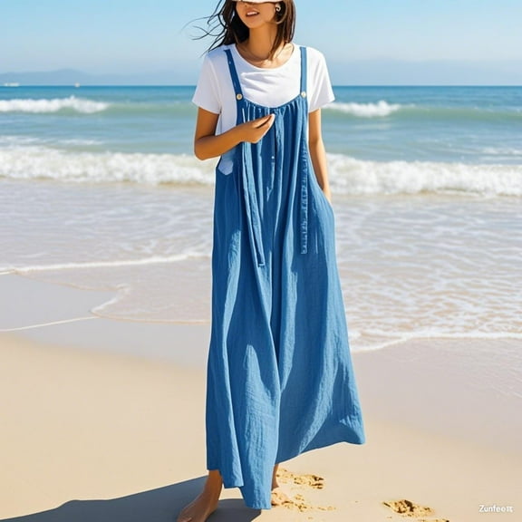 Zunfeo Women's Jumpsuit Summer Wide-Leg Jumpsuit 2025 High Waist Relaxed Fit Pants with Pockets for Vacation Beach Blue S