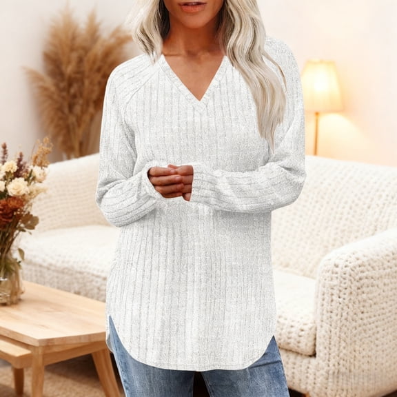 Zunfeo Women's Knit Tops 2025 Long Sleeve Casual Pullover Shirts Loose Warm Cozy V-Neck Winter Tops