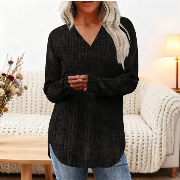 Zunfeo Women's Knit Tops 2025 Long Sleeve Casual Pullover Shirts Loose Warm Cozy V-Neck Winter Tops