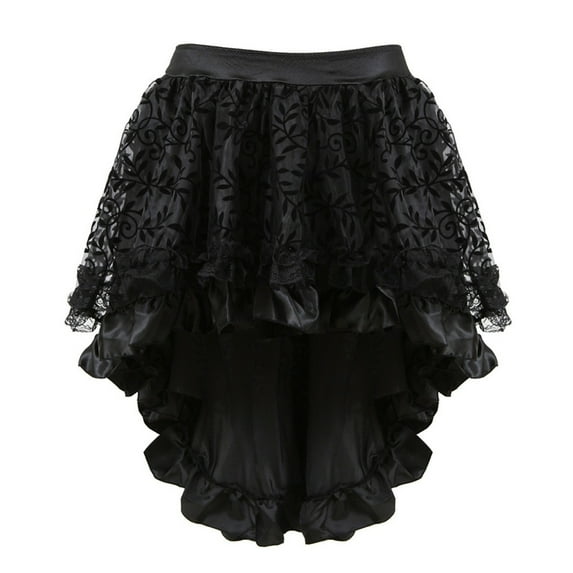 Zunfeo Women's Lace Steampunk Gothic Skirts Vintage Satin High Low Midi Skirt with Zipper Sexy Layered Ruffle Hem Flared Skirts- Black Size XXXL