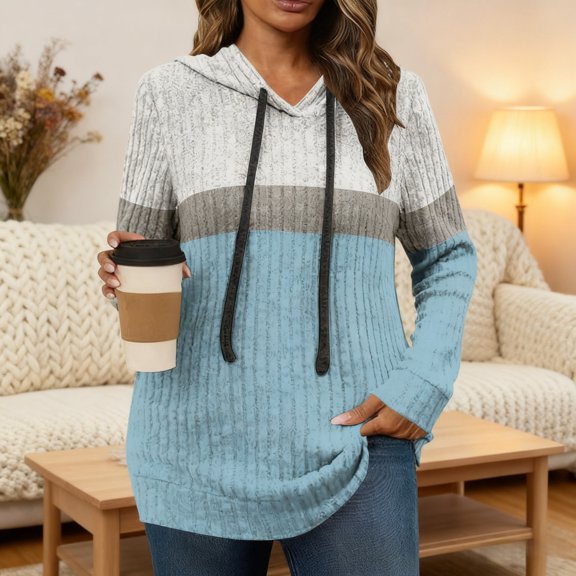Zunfeo Women's Light Blue Hooded Pullover (Size 2XL) - Polyester Spandex, Drawstring Hood, Kangaroo Pocket, Ribbed Knit, Soft Stretch Casual