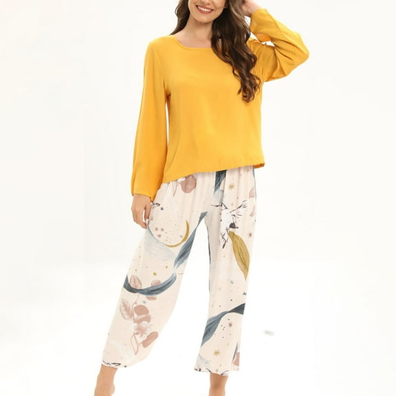 Zunfeo Women's Pajama Set Long Sleeve Shirt and Capri Pants Sleepwear 2 Piece Flroal Comfy Loose Fit Pajamas Sets- Yellow XL
