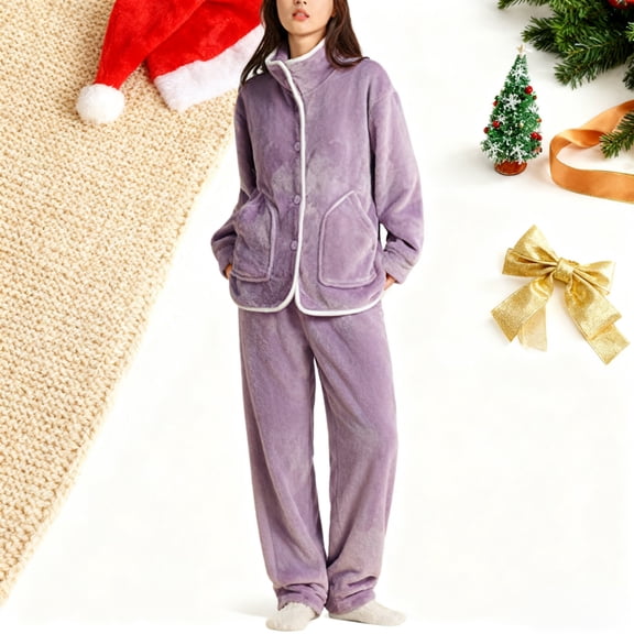 ZunFeo Women's Purple Fleece Pajama Set - Size XL 2-Piece Button Front Top & Elastic Waist Pants, Soft Warm, Great for Fall Winter Sleeping & Lounging