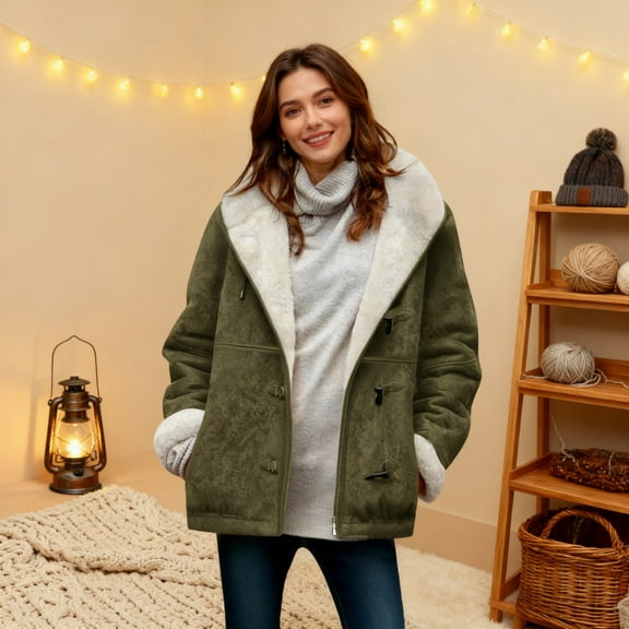 ZunFeo Women's Sherpa Lined Toggle Coat Army Green Size L - Warm Winter Outerwear, Nylon-Spandex Stretchy with Side Pockets
