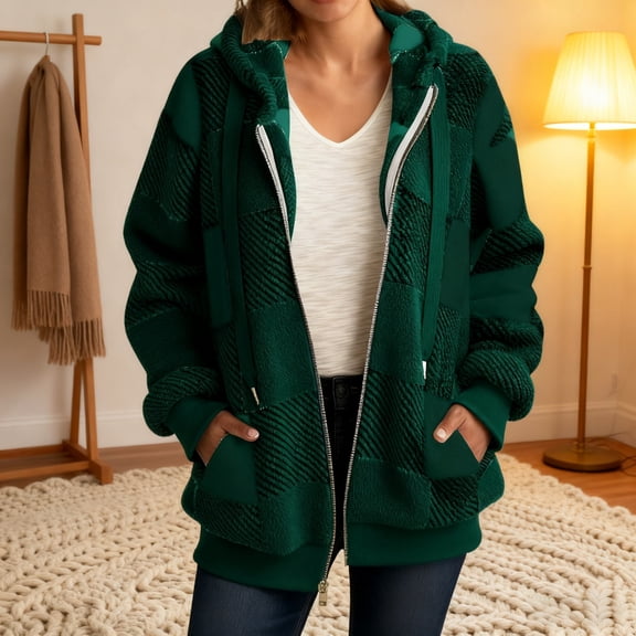 Zunfeo Women's Size L Oversized Buffalo Plaid Hooded Jacket - Full-Zip, 100% Polyester, Kangaroo Pockets, Soft Warm for Fall Winter, Green
