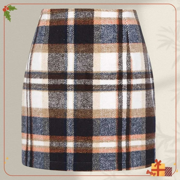 Zunfeo Plaid Skirt for Women High Waisted Fall Winter Mini Wrap Wool Skirts for Party Go Out Brown S
