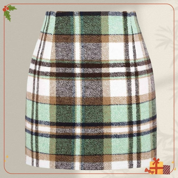 Zunfeo Plaid Skirt for Women High Waisted Fall Winter Mini Wrap Wool Skirts for Party Go Out Green XL