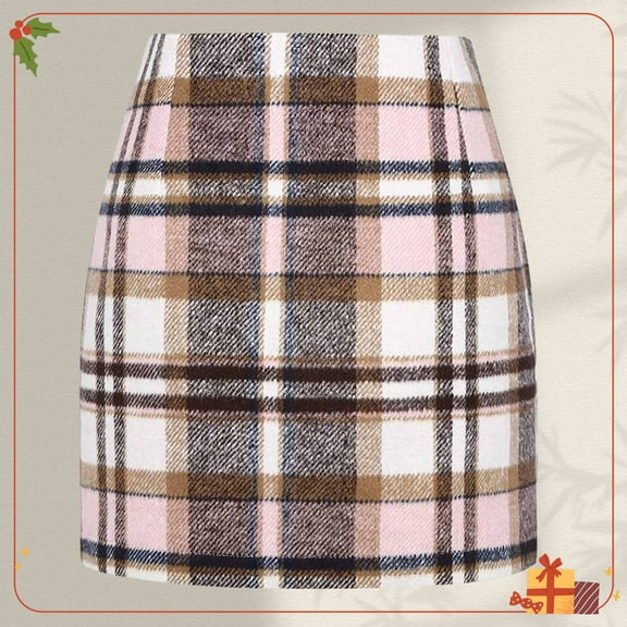 Zunfeo Plaid Skirt for Women High Waisted Fall Winter Mini Wrap Wool Skirts for Party Go Out Pink m