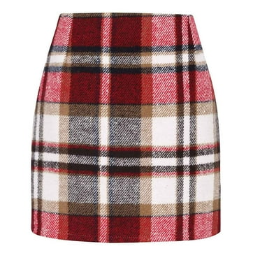 Zunfeo Women's Skirts Trendy Mini Skirts Fashion Wrap Fall Plaid Tweed Skirts Skorts Pencil Skirts for Go Out Party Red Size L