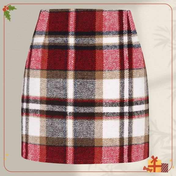 Zunfeo Plaid Skirt for Women High Waisted Fall Winter Mini Wrap Wool Skirts for Party Go Out Red l