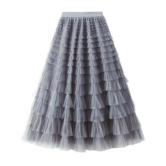 Zunfeo Women's Skirts Trendy Tutu Tulle Long Skirt Elastic Waist Layered Mesh Cake Tiered Skirt Fashion A-line Party Prom Princess Skirts- Gray Size L