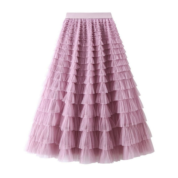 Zunfeo Women's Skirts Trendy Tutu Tulle Long Skirt Elastic Waist Layered Mesh Cake Tiered Skirt Fashion A-line Party Prom Princess Skirts- Purple Size L