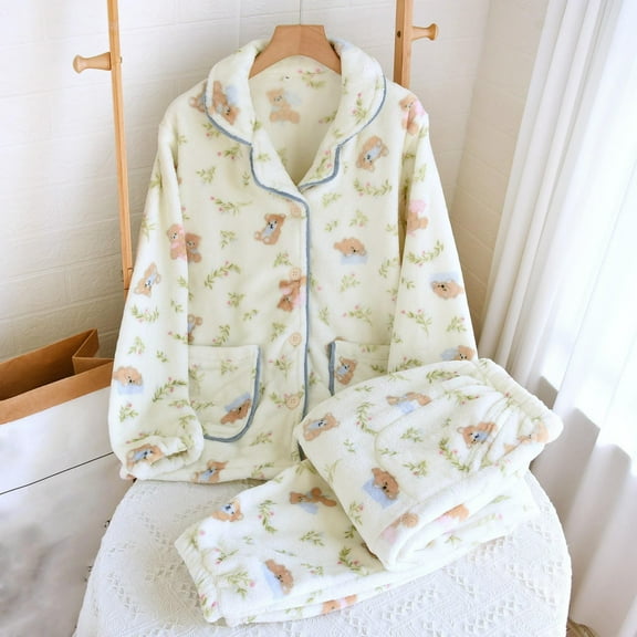 Zunfeo Women's Soft Teddy Bear Pajama Set - Nylon Spandex, Cozy White, Size M, Elastic Waist & Front Pockets for Sleep/Lounging