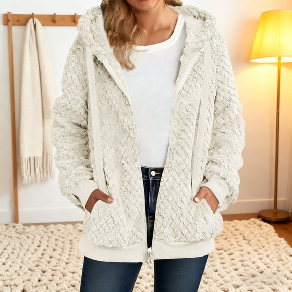 Zunfeo Women's Soft Warm Hooded Zip-Up Jacket - 100% Polyester, White, Size L, Casual for Spring/Fall with Kangaroo Pockets, Relaxed Fit