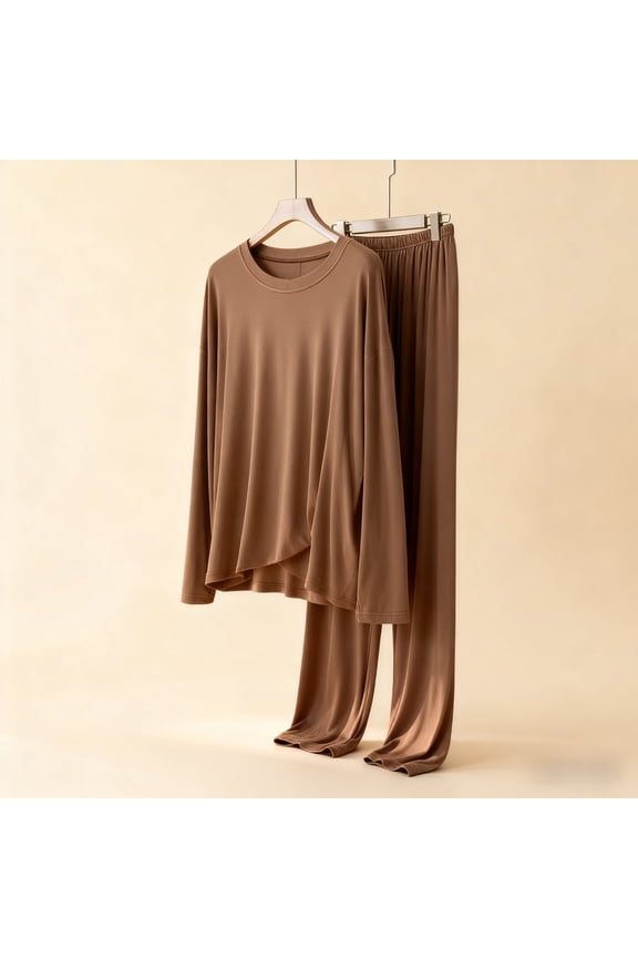 Women’s Ultra-soft Modal Cotton Polyester Loungewear Set - Long Sleeve Round Neck Top + Elastic Waist Pants, Coffee, Size M