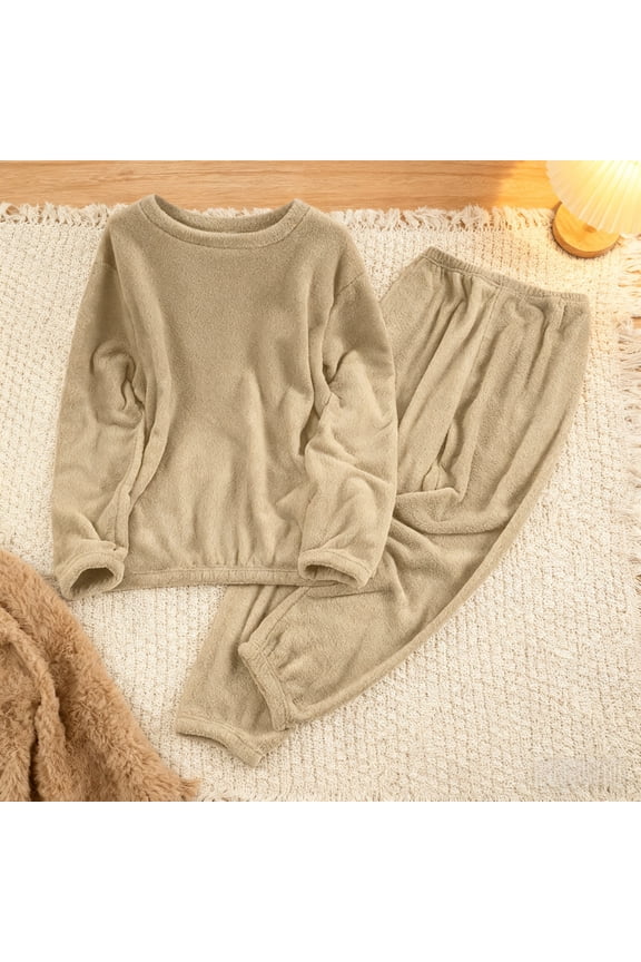 Women's Warm 100% Polyester Cozy Loungewear Pajama Set - Long Sleeve, Fall/Winter Fit, Size 2XL, Khaki