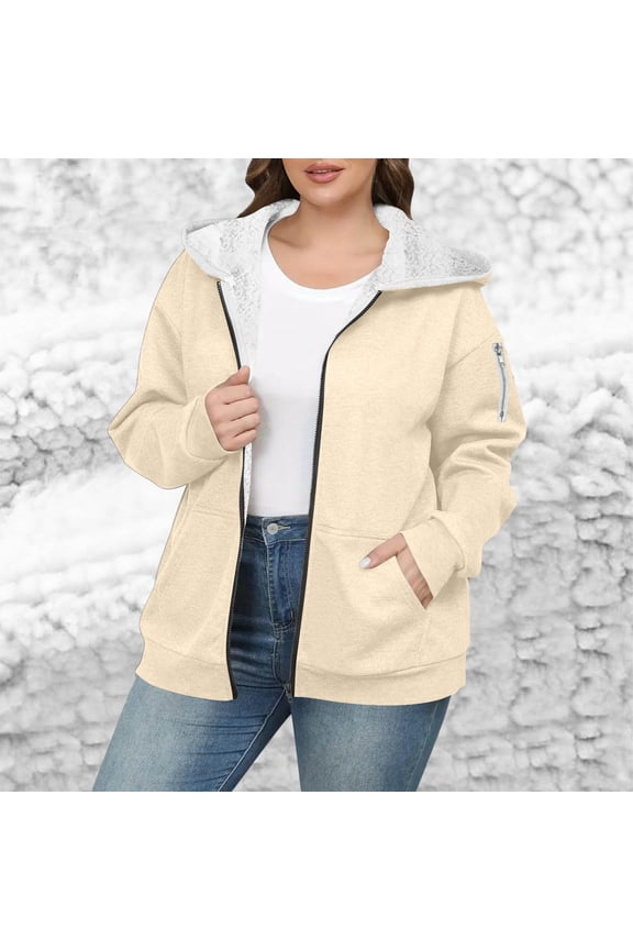 Hooded Fleece Jacket for Women Warm Fall Winter Plush Sherpa Jacket Plus Size Sweatshirts Zipper Coat with Pockets