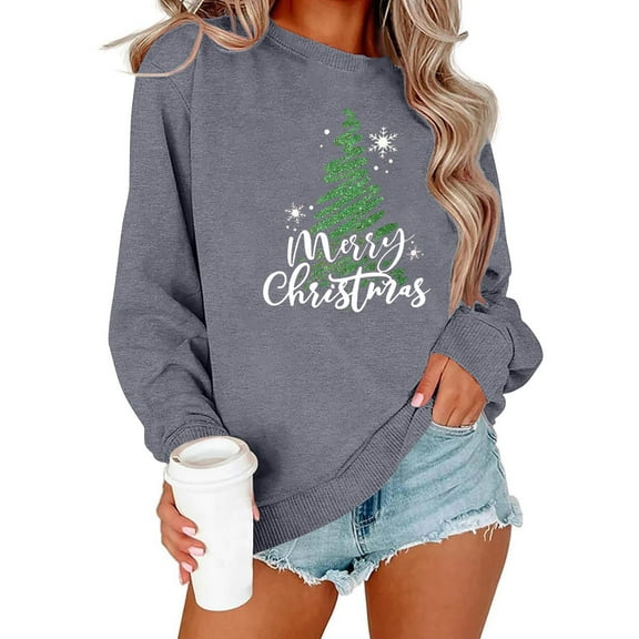 Zunfeo Womens Gray Christmas Sweatshirt - Loose Fit Long Sleeve Crew Neck, Glitter Tree & Merry Christmas Print, 100% Polyester, Drop Shoulder, XS-XL,Size S