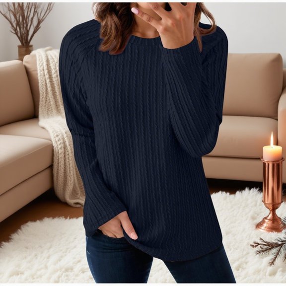 Zunfeo Womens Long Sleeve Cable Knit Sweater - 100% Polyester Relaxed Fit, Size L Navy, Walmart