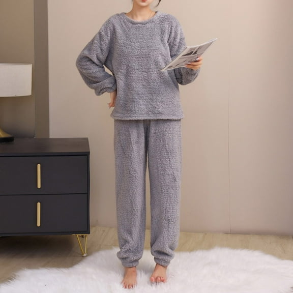 Zunfeo Womens Plush Loungewear Set Winter Autumn - 100% Polyester Soft Warm,Pullover Top & Jogger Pants, Gray,S-M