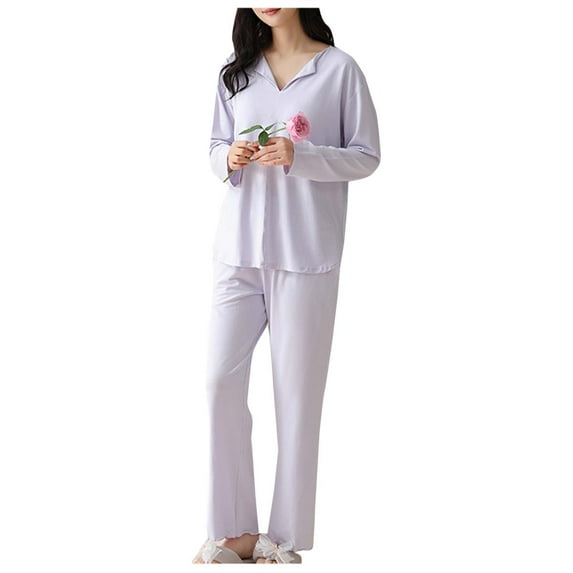 Zunfeo Womens Purple Modal Cotton Pajama Set with Built-in Bra - V-Neck Long Sleeve, Elastic Waist Pants, Sizes M-XXL, Cozy Sleepwear & Loungewear,Size L