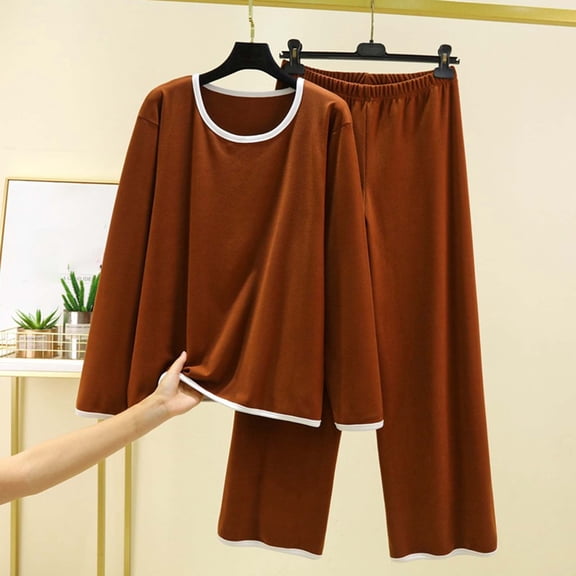 ZunFeo Womens Soft Polyester Loungewear Set - 2-Piece Long Sleeve Top & Long Pants, Coffee, Loose Fit L/XL Sizes for Home Lounging & Sleep,Size L