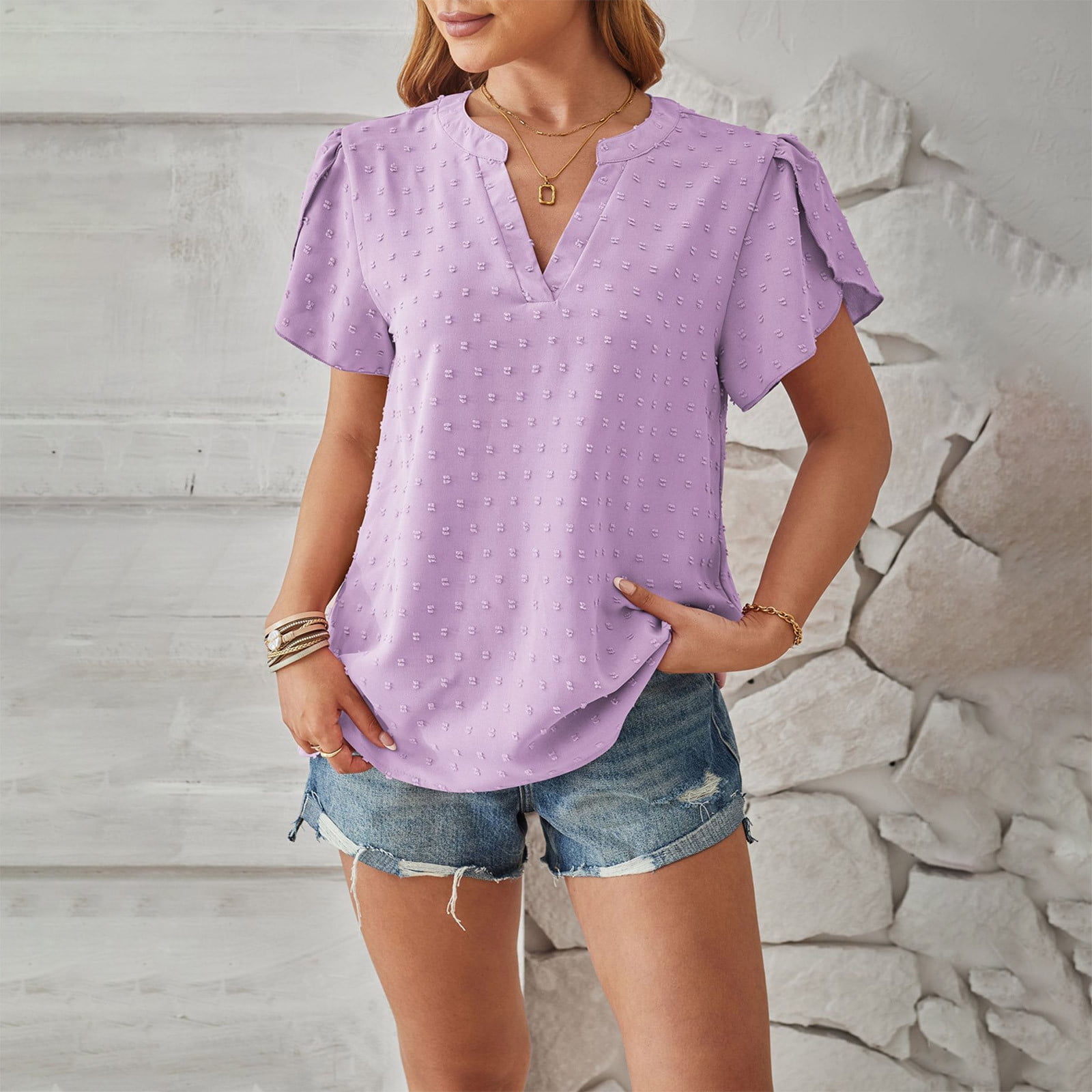 Mansy Women's Summer Ruffle Sleeve Top – Eyelet V-Neck Casual Tunic Blouse (Purple, Size X-Large) - View #7