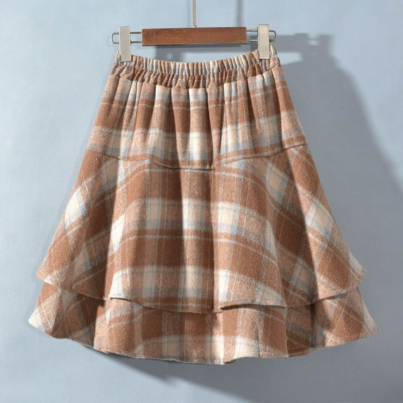 Zunfeo Plaid Skirts for Women High Waist Mini Wool Skirts Lace Hem A-line Pleated Skirts for Fall Winter Brown S-L