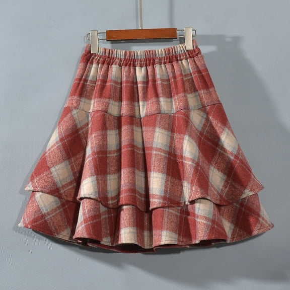 Zunfeo Plaid Skirts for Women High Waist Mini Wool Skirts Lace Hem A-line Pleated Skirts for Fall Winter Red S-L