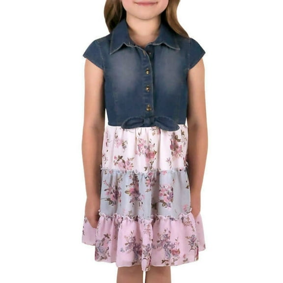 Zunie Big Girl's Denim Chiffon Tiered Floral Print Dress