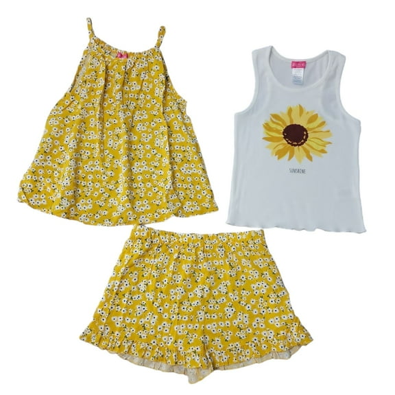 Zunie Girl's 3 Piece Tank and Short Relaxed Fit Play Outfit Set, NS640953Z (Mustard Floral, M (7/8))