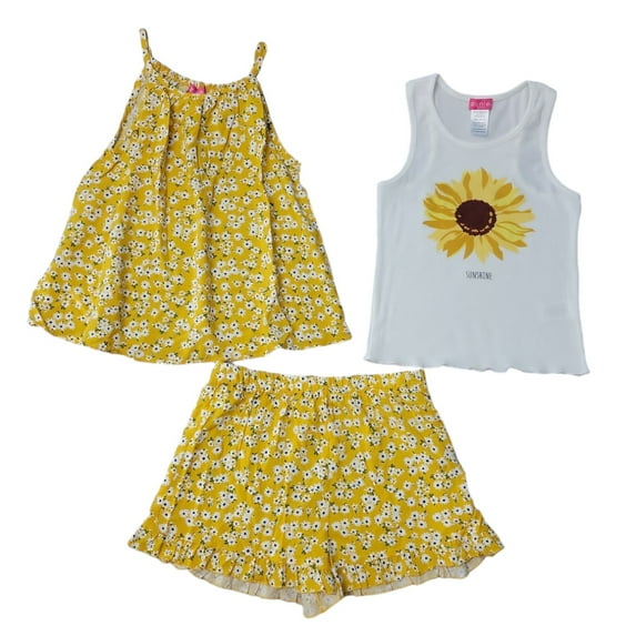 Zunie Girl's 3 Piece Tank and Short Relaxed Fit Play Outfit Set, NS640953Z (Mustard Floral, XS (4/5))