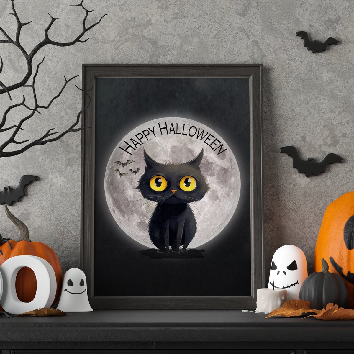 Zuno Black Cat Halloween Wall Art Full Moon Printable Gothic Cat Decor ...
