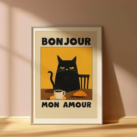 Zuno Bonjour Mon Amour Black Cat Print – Le Chat Noir , French Cat Poster, Vintage Kitchen Decor, Cute Printable Cat Gift, 8x12 UNFRAMED