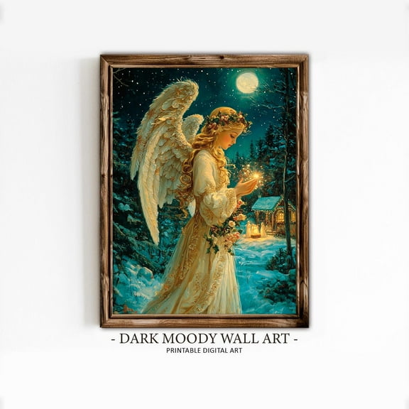 Zuno Christmas Angel Printable Wall Art, Winter Night With Nativity Scene, - Wall Art Print, 24x36 UNFRAMED