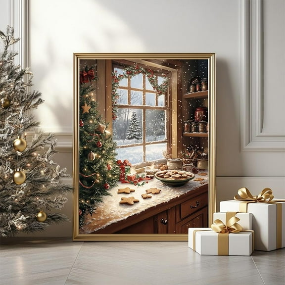 Zuno Christmas Baking Scene Poster, Snowy Cozy Cottage Kitchen Art Print, Festive Rustic Cookies In Kitchen Window Printable, - Wall Art Print, 16x24 UNFRAMED