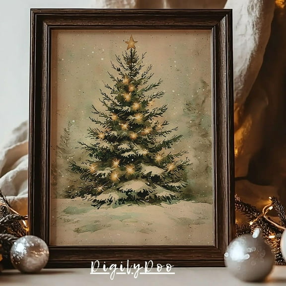 Zuno Christmas Pine Tree Wall Art, Xmas Tree Art Print, Winter Holiday Printable Decor, Natural Moody Wallpaper, Antique Evergreen Tree - Wall Art Print, 24x36 UNFRAMED