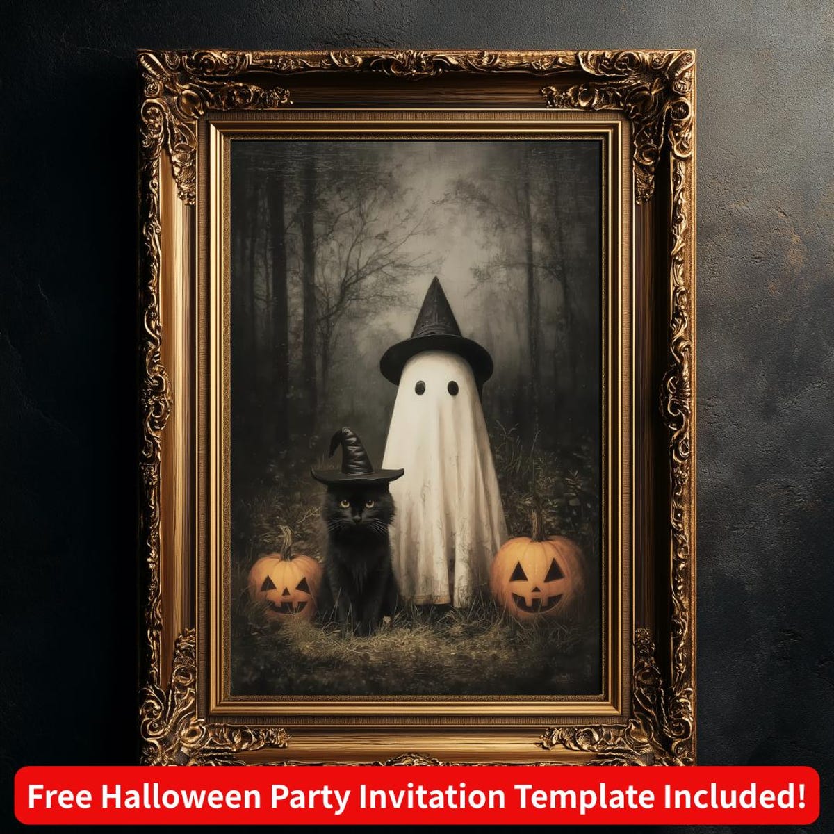 Zuno Cute Ghost And Black Cat In Dark Forest Wall Art, Halloween Cat ...
