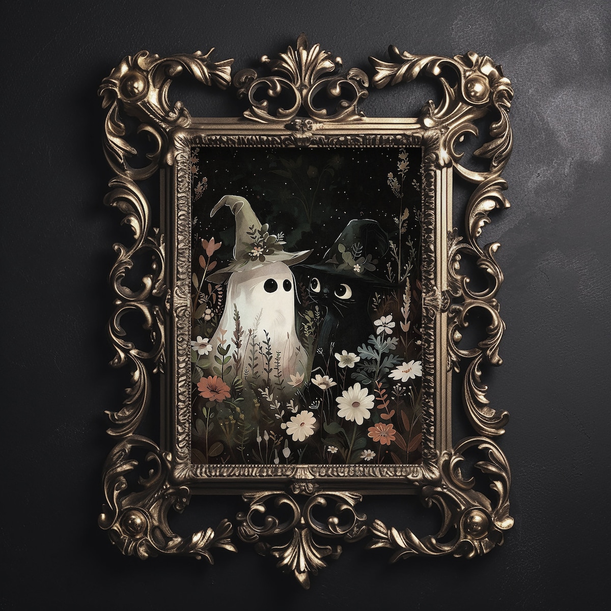 Zuno Cute Ghost And Black Cat Print, Halloween Cottagecore Decor, Ghost ...