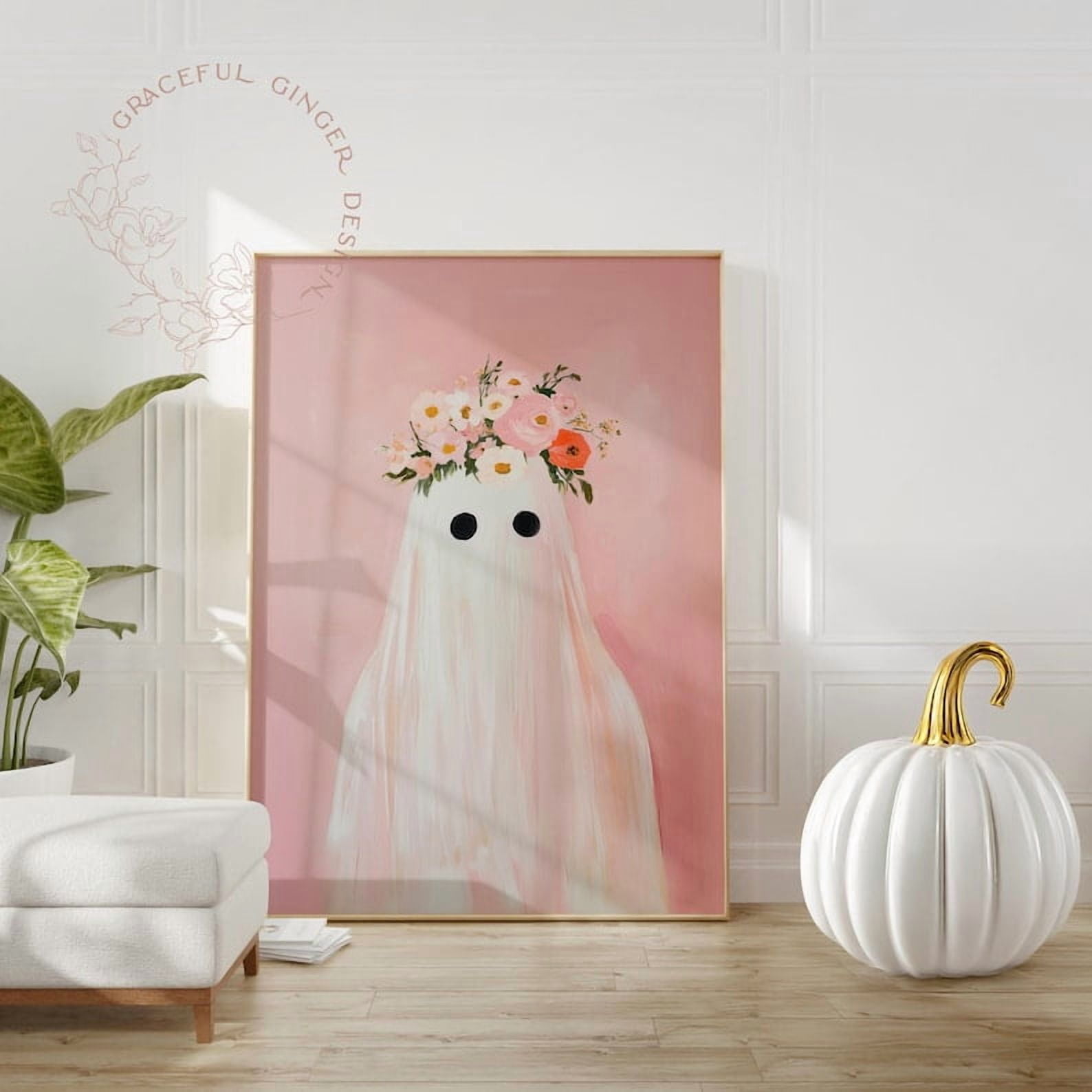 Zuno Cute Ghost With A Flower Crown Printable Wall Art, Pink Ghost Art ...