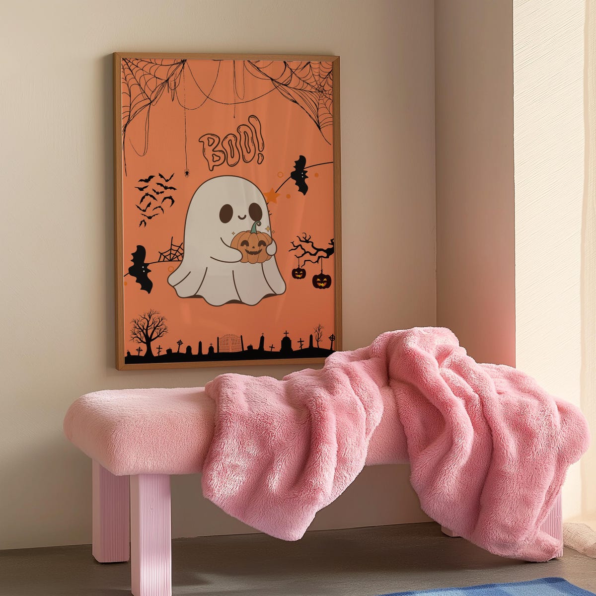Zuno Cute Halloween Ghost , Kawaii Ghost With Pumpkin Wall Art, Kids ...