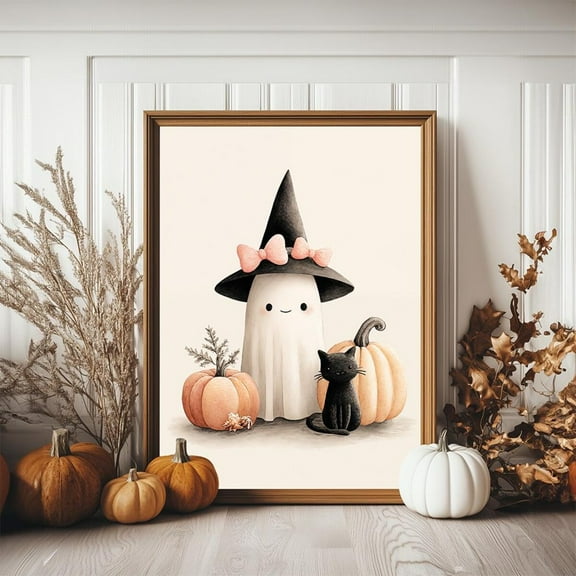 Zuno Cute Smiling Ghost Poster, Friendly Phantom With Witch Hat Art Print, Pastel Spooky Halloween Print, Pumpkin Black Cat Art, - Wall Art Print, 8x12 UNFRAMED